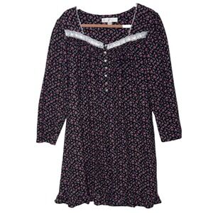 Eileen West Nightgown Womens Large Black Floral Long Sleeve Button Lace Flannel